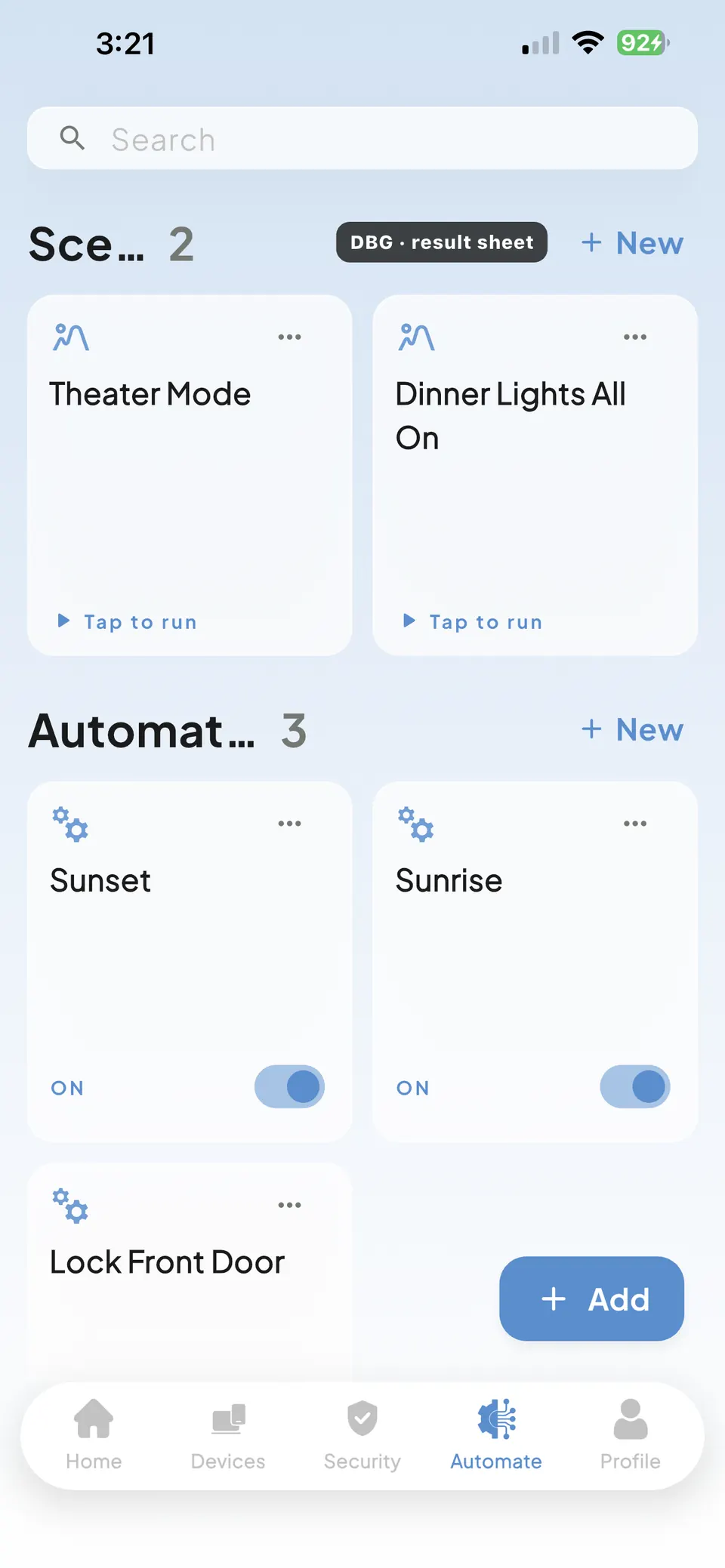 The Nexyo automations screen, listing sunrise, sunset and custom routines