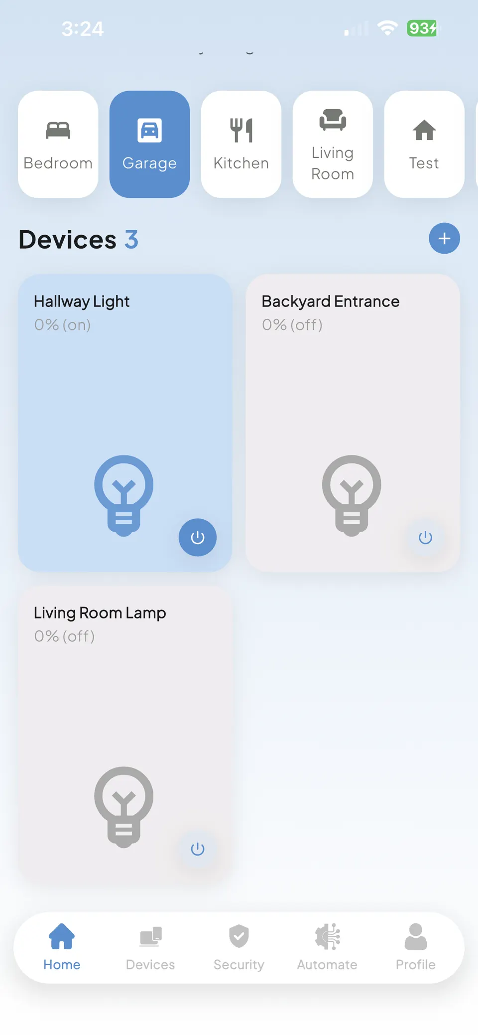 The Nexyo device list, grouping lights, thermostats and outlets by room