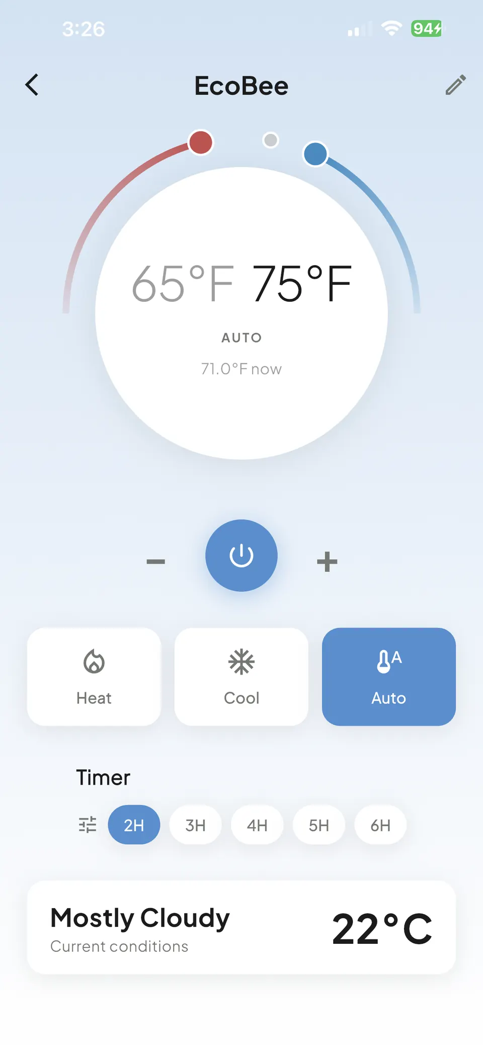 The Nexyo thermostat screen, with a target temperature being adjusted