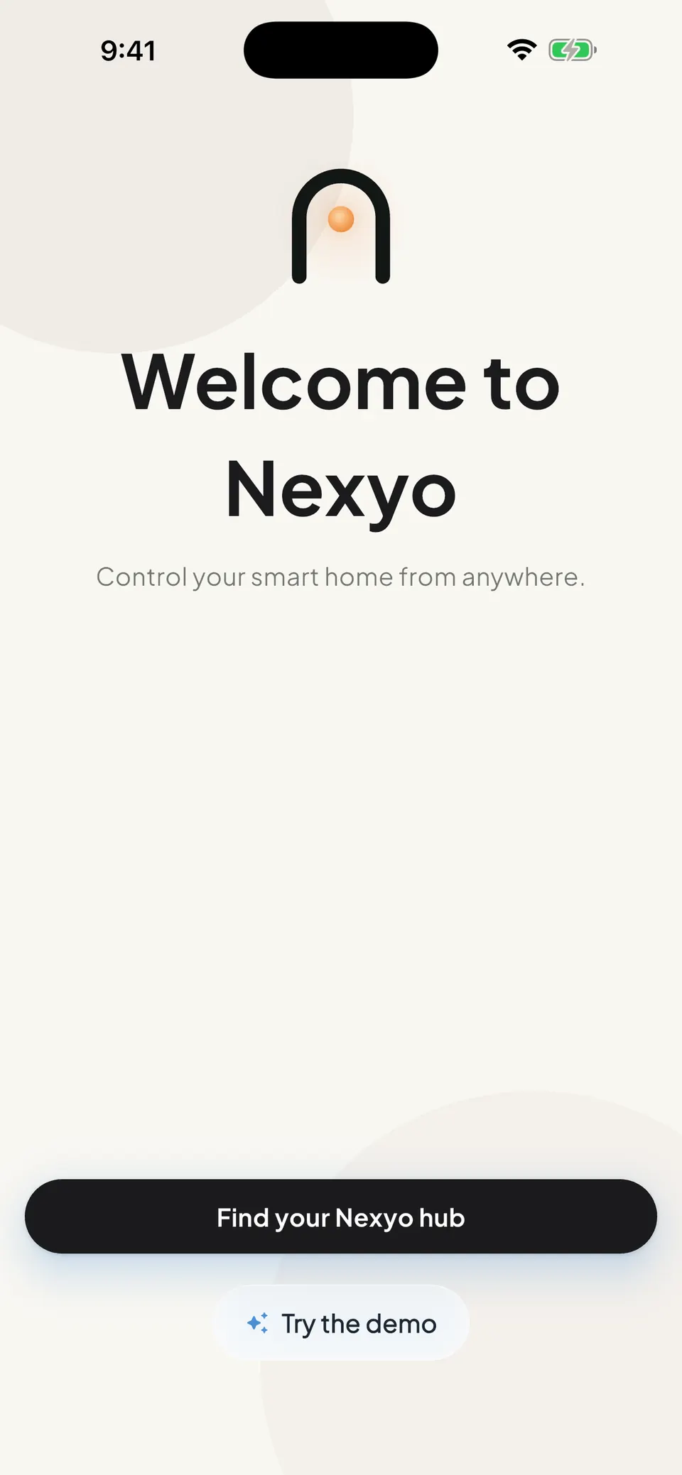 The Nexyo welcome screen, offering to connect to a home